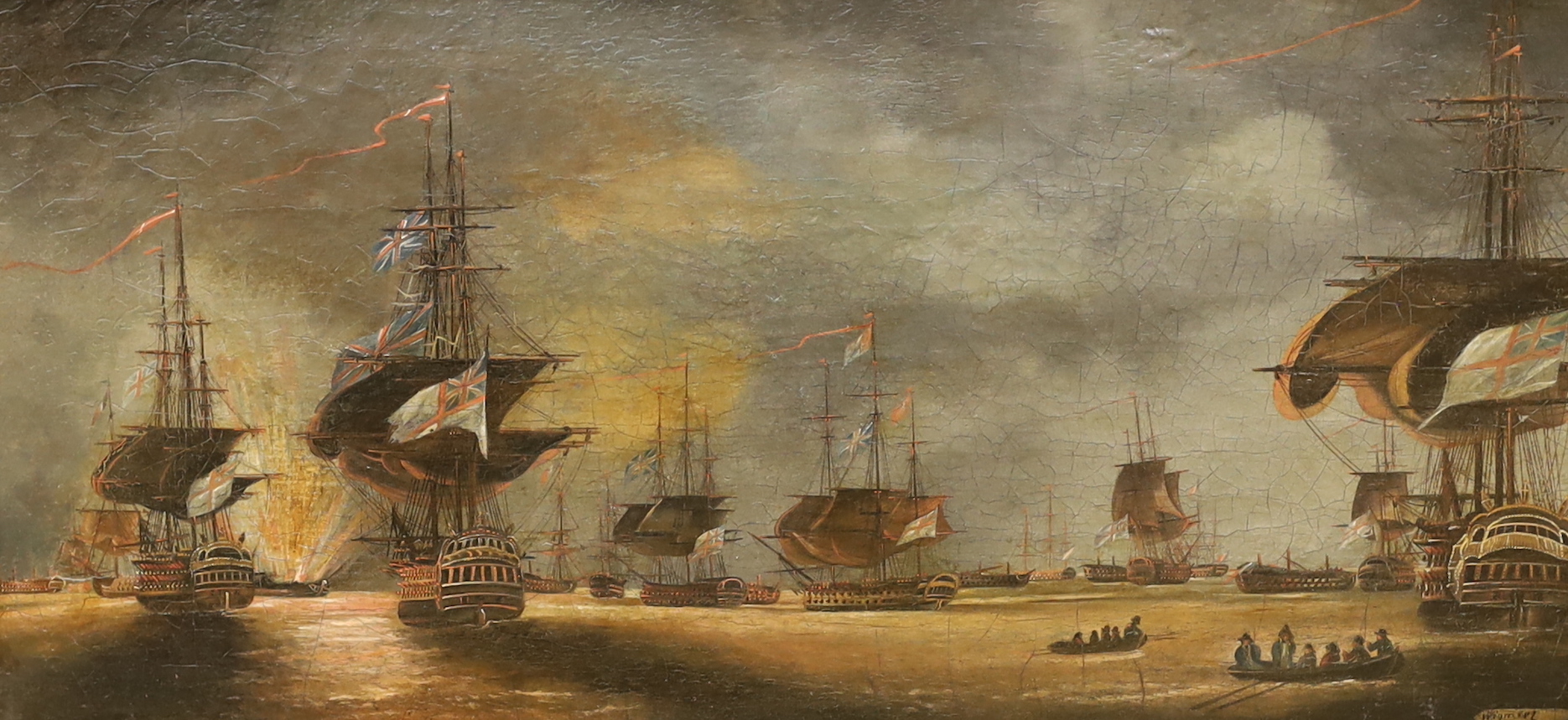 Wigmore (?), 19th century, oil on canvas, British naval and fire ships in a harbour, signed, 17 x 36cm